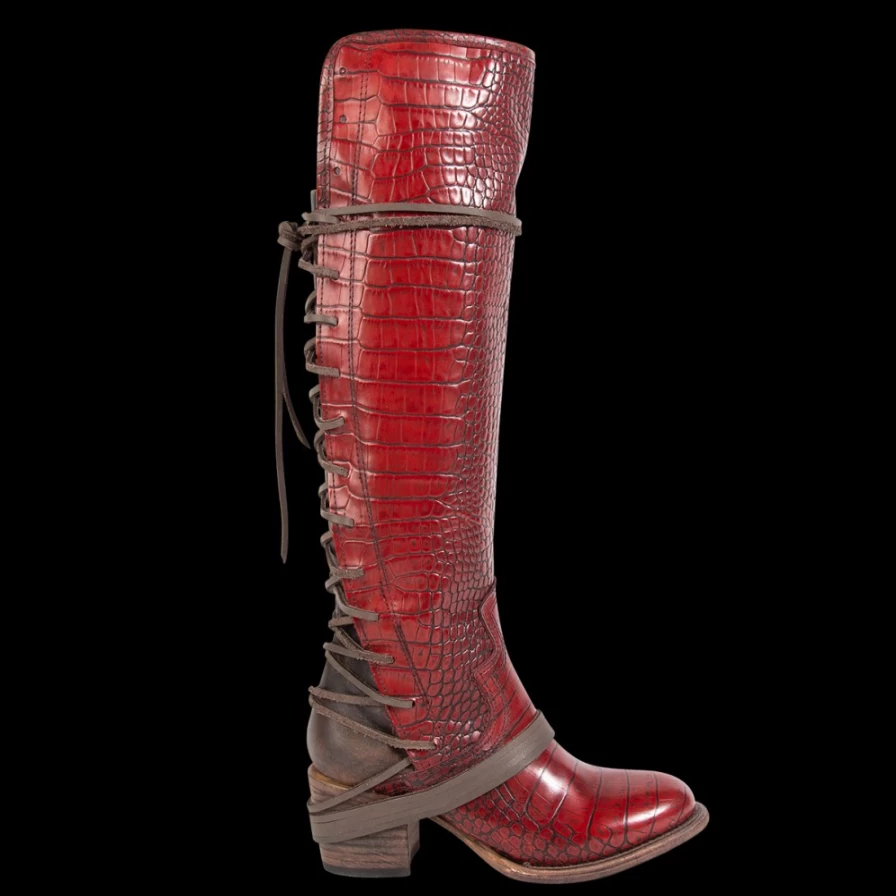 "Freebird Stores Women's Red Croco Coal Boots – Stylish & Comfortable Footwear"