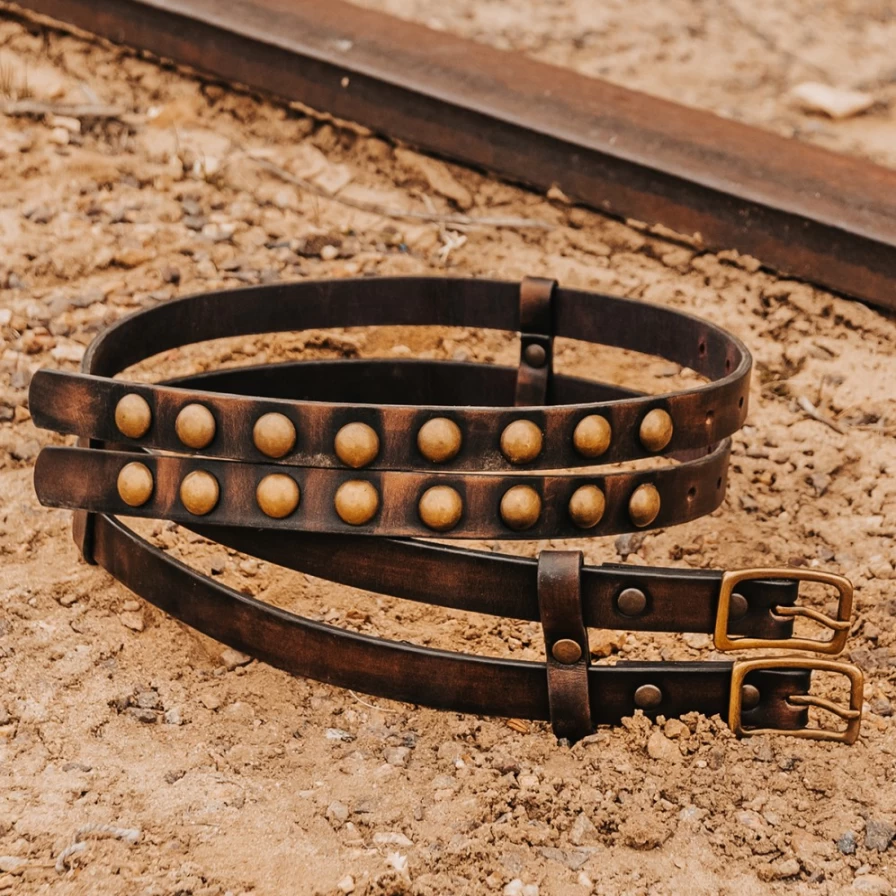 Freebird Stores Women's Black Distressed Double Belt - Vintage Leather Style