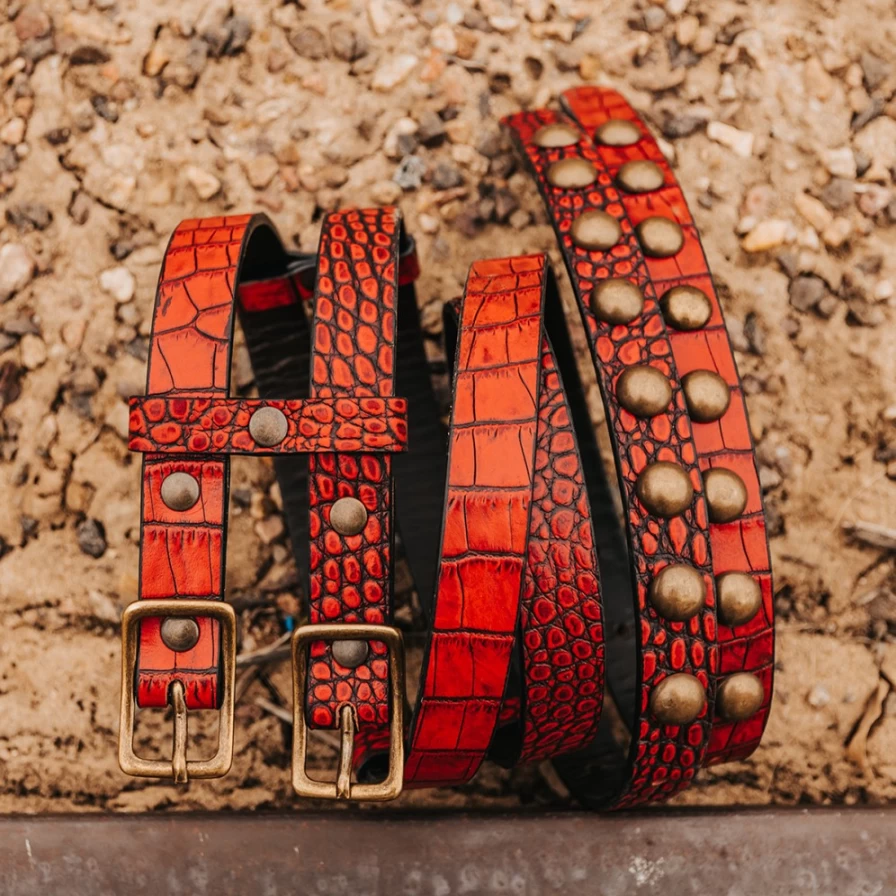 "Freebird Stores Women's Red Croco Double Belt - Stylish Leather Accessory"