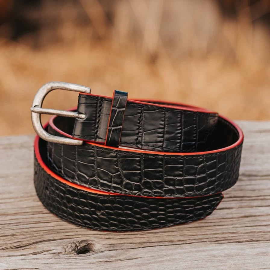 Freebird Stores Women's Black Croco Classic Belt - Stylish Reptile Pattern Leather Accessory