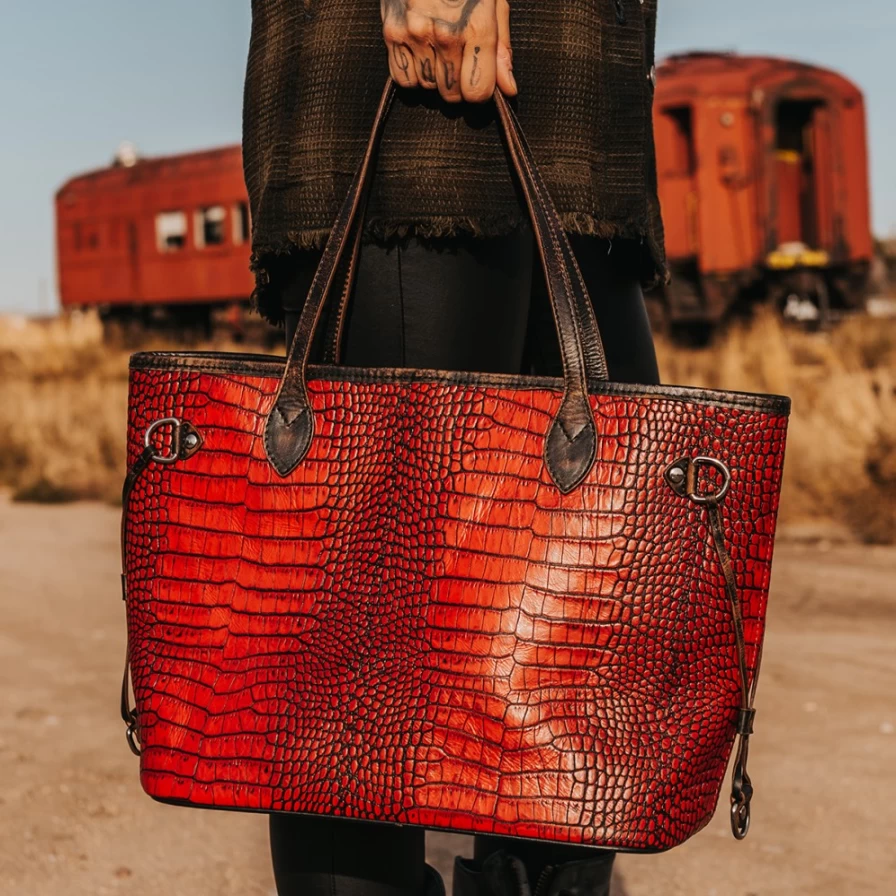 Freebird Stores Women's Mara Red Croco Leather Handbag