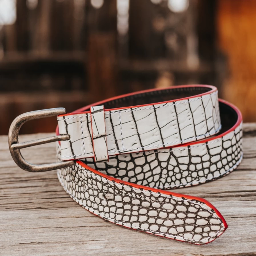 Freebird Stores Women's White Croco Classic Belt - Stylish Reptile Pattern Design