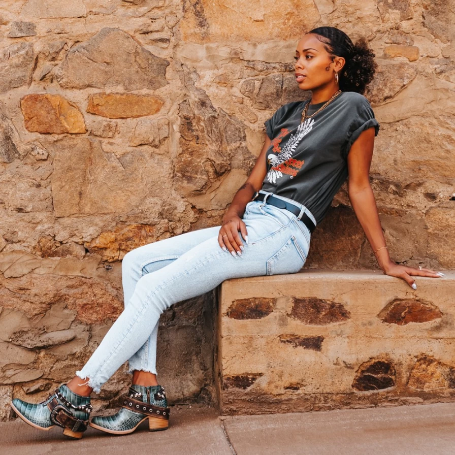 "Freebird Stores Women's Turquoise Croco Saloon Shoes"